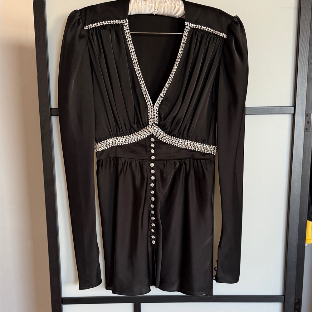 Paco Rabanne Embellished Crystal Button Evening Top Black Satin FR 36 (US Small)